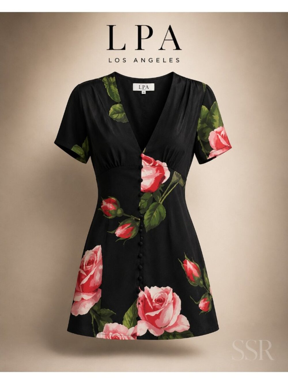 LPA Black Silk Floral Mini Dress XS Red Pink Rose Print Button Front Cottagecore